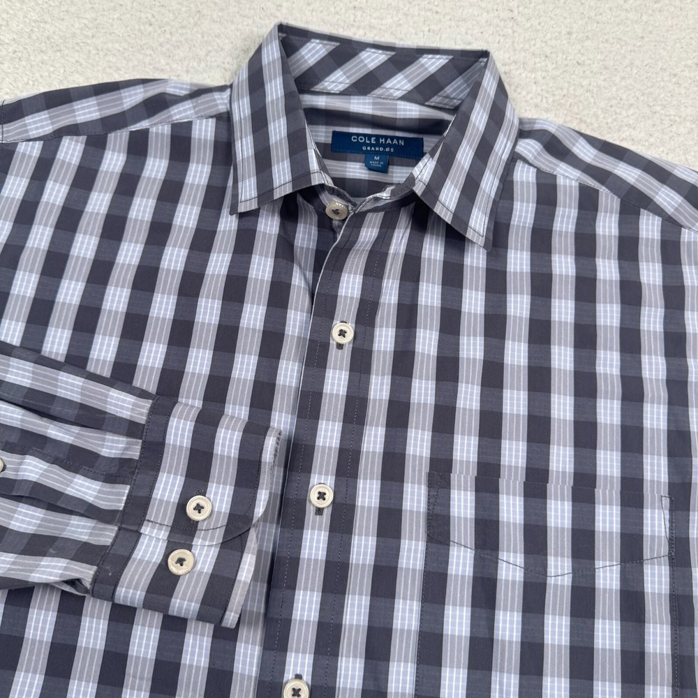 Cole Haan Grand OS Shirt Mens Medium Button Up Long Sleeve‎ Plaid Gray Blue